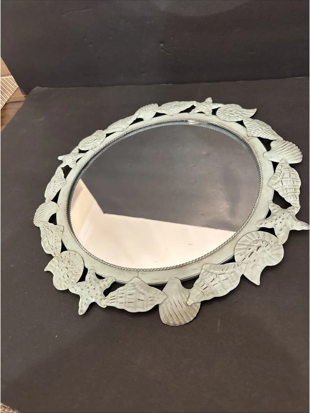 Vintage Round Seashell Metal Mirror /Tray 14.5” Coastal Beach House Nautical